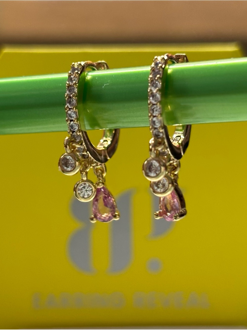Gold Hoop Earrings with Pink Teardrop and CZ Dangles